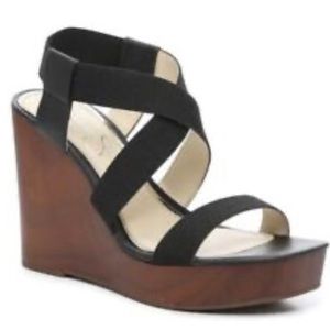 Jessica Simpson wedge black open toe cross brown heal size 6